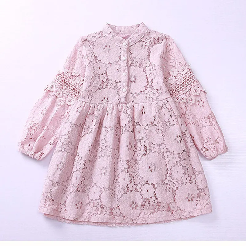 Новое кружевное платье с длинными рукавами модное кружевное платье с вырезами для девочек платье принцессы для девочек на весну и осень платье для девочек
