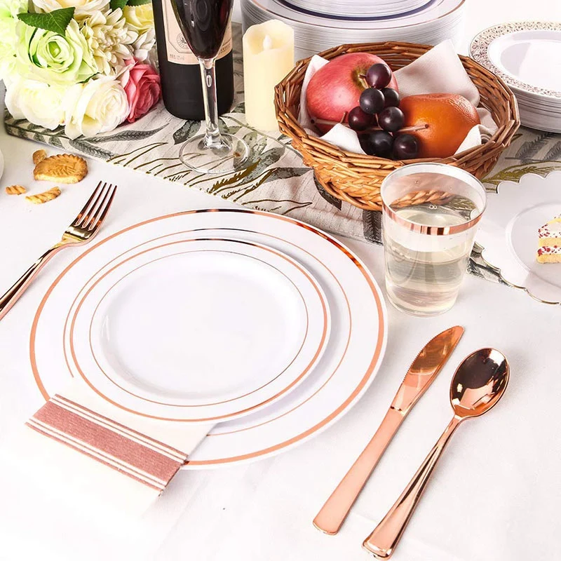 200 шт Розовое золото пластиковые розовые золотые столовые приборы с салфетками-тяжеловесная одноразовая посуда включает в себя 50x вилки, 50x ложки, 50x нож