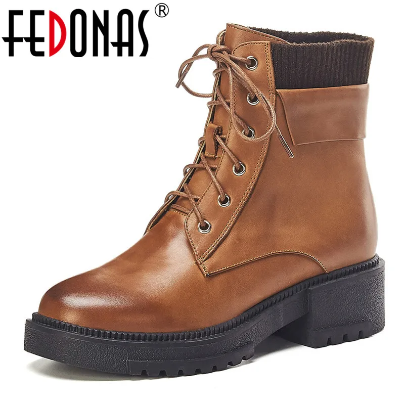 

FEDONAS Women Genuine Leather Ankle Boots Retro Lace Up High Heels Short Riding Boots Warm Autumn Winter New Casual Shoes Woman