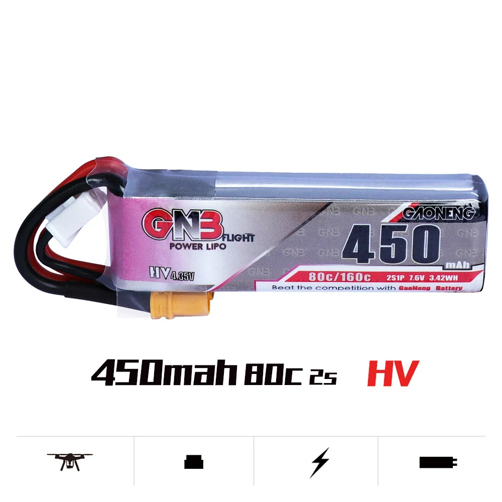 

RC 2S Lipo Battery 7.6V 450mAh 80C High Voltage Version for RC FPV