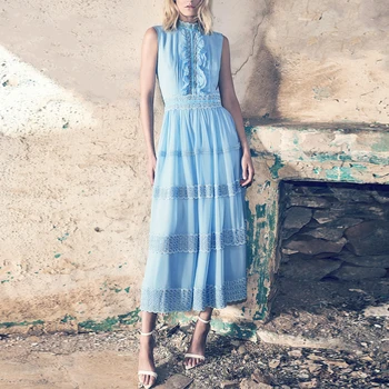 

French Romance Retro Elegant Dresses Women Casual Summer Lace Ruffles Sleeveless Long Ladies Runway Designer High Quality Dress