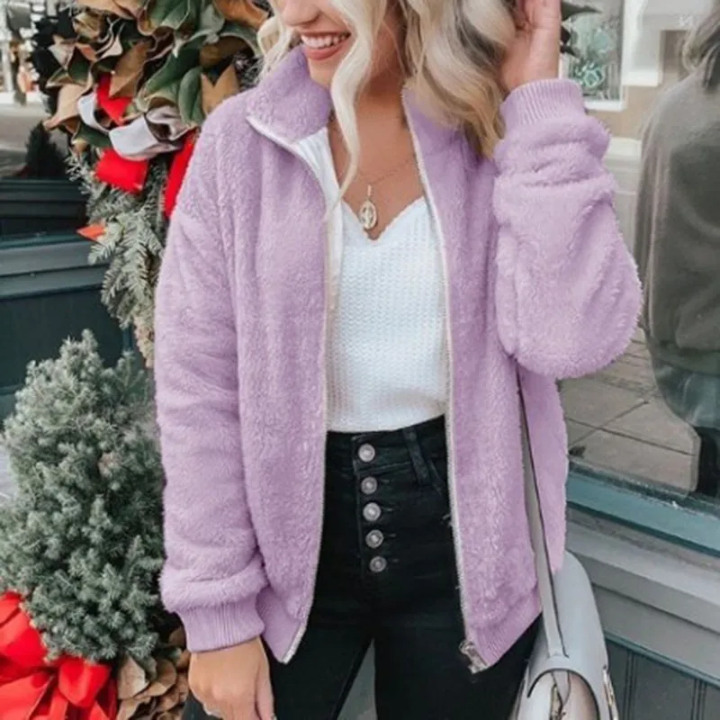 Элегантное женское пальто из искусственного меха на осень и зиму, теплая мягкая меховая куртка на молнии, женское плюшевое пальто, Повседневная плюшевая верхняя одежда - Цвет: Фиолетовый