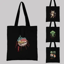 Female Black Shopping Bag Casual Large-capacity Shoulder Bag Reusable Cute Monster Pattern Printed Canvas Japanese Carrying Bag