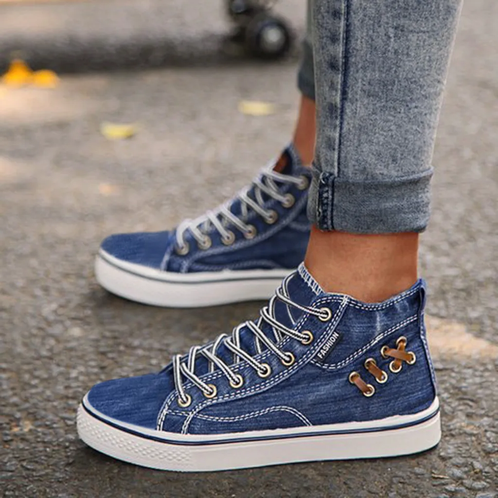 

Woman Denim Booties 2020 Spring Summer Flats Vulcanized Shoes Blue Gray Lace Up Sneakers Teenager Girl Casual Sports Shoes Tenis