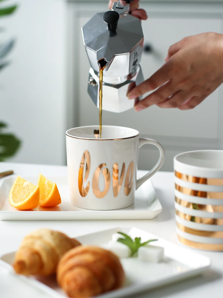 Light luxury gold couple ceramic coffee cup love stars stripes mug creative drinking coffee coffee cup novelty gift milk cup