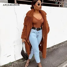 ANJAMANOR Женский Длинный плащ зимняя одежда высококачественный Толстый Пушистый кардиган из овечьей шерсти верблюжий флисовый плюшевый пиджак оверсайз D48-CC38