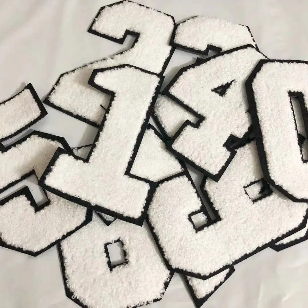 대형 흰색 디지털 셔닐 실 수 놓은 철 패치 Applique Diy 번호 배지 패치 아이 의류 가방 액세서리