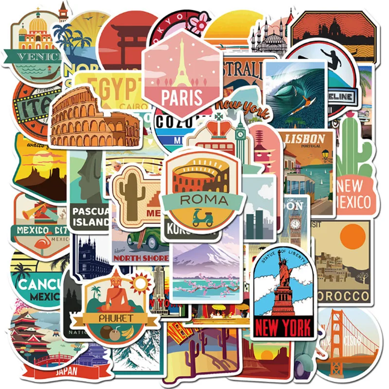 

10/30/50pcs Classic Travel City Scenery Graffiti Retro Decals Stickers Waterproof Skateboard Travel Suitcase Phone Laptop