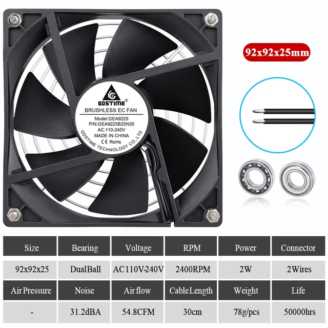 Gdstime EC Brushless Cooling Fan AC 110V 120V 220V 240V Ball Bearing Axial Fan with Srews/Grill 60MM 80MM 90MM 120MM Ball 92x92x25mm