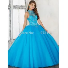 Синий Бальные платья бальное платье с высоким воротником из тюля с бисером и кристаллами дешевые милые 16 платья