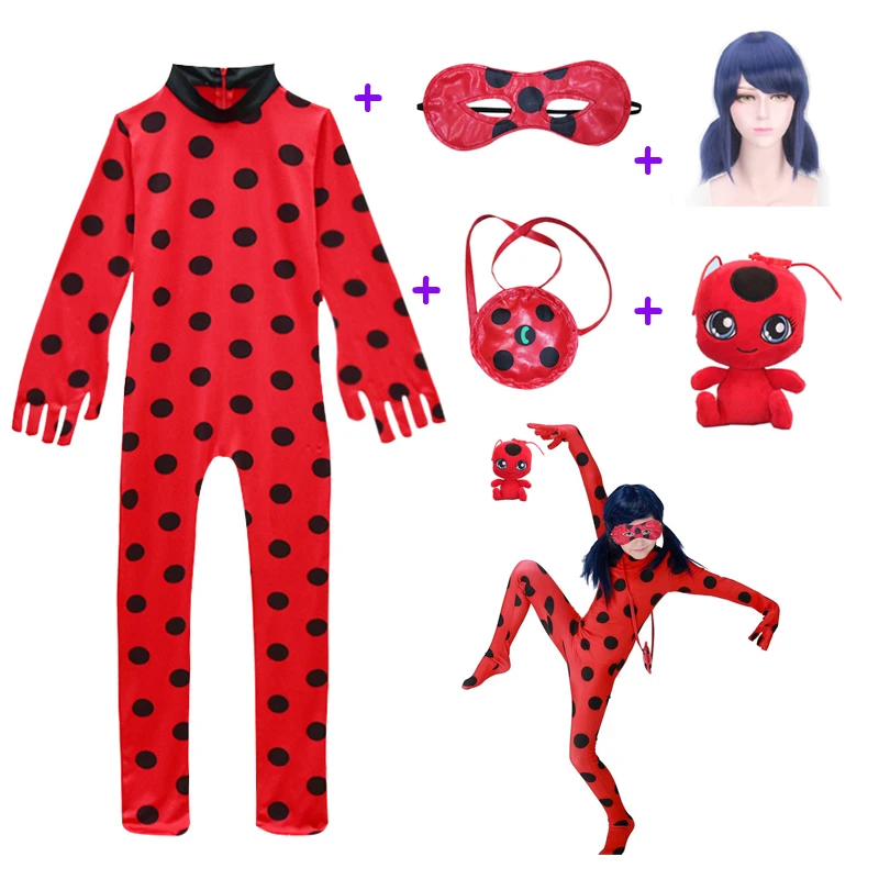Mask and yoyo 3pcs Girls Ladybug Costume Lady Bug Cosplay for Kids Jumpsuit Set 