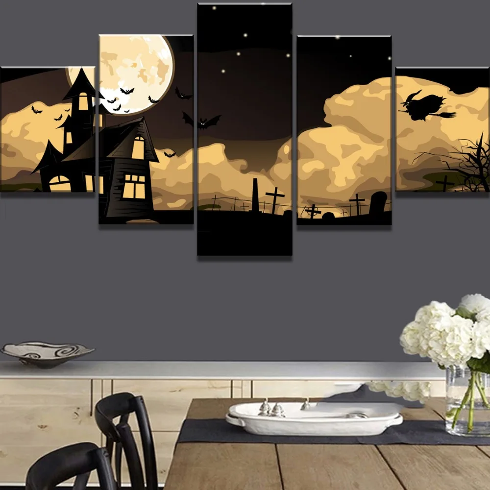 5 Piece Canvas Art Halloween Witch Bat Castle Modern Decorative Paintings on Wall for Home Decorations Decor | Дом и сад