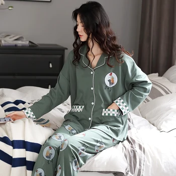 

Women Sleepwear Cartoon Nightgown Spring Fall Pyjamas Long Sleeve THIN Plus Size 3XL Cotton Nighty Lapel Loose Version Pajamas