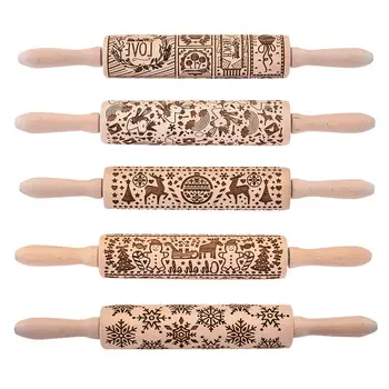 

Classic Wooden Rolling Pin With Easy Roll Bearings Embossed Deer Kitchen Cooking Baking Tools Accessories
