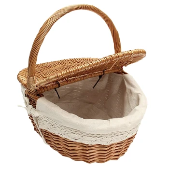 

Handmade Picnic Basket, Camping Wicker Bag with Double Lids, Picnic Food Basket Woven Fruit Storage Basket