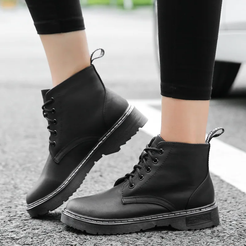 

BB-9 Autumn 2018 New Style Lace-up Boots-Style Retro Martin England Faux Pu Chunky-Heel Hide Substance Versatile Women's