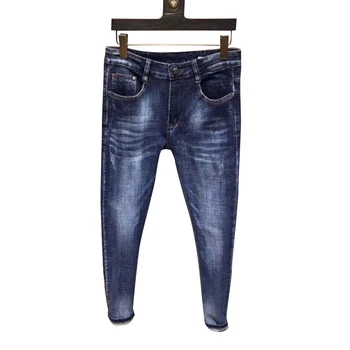 

Four season gujia jeans men's letter leather logo hole paint dot hip hop slim Blue Elastic Italian pop brand
