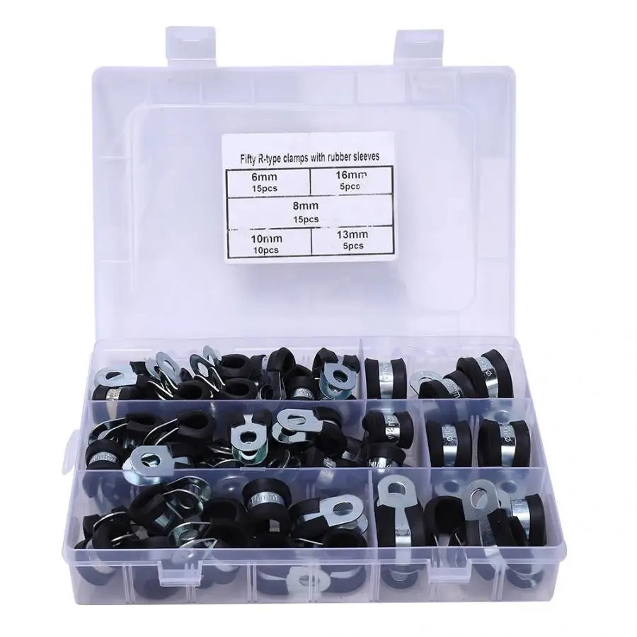 

50pcs R-Type Rubber Padded Hose Clamp Electrical Wire Cable Clip 6-16mm Clamp