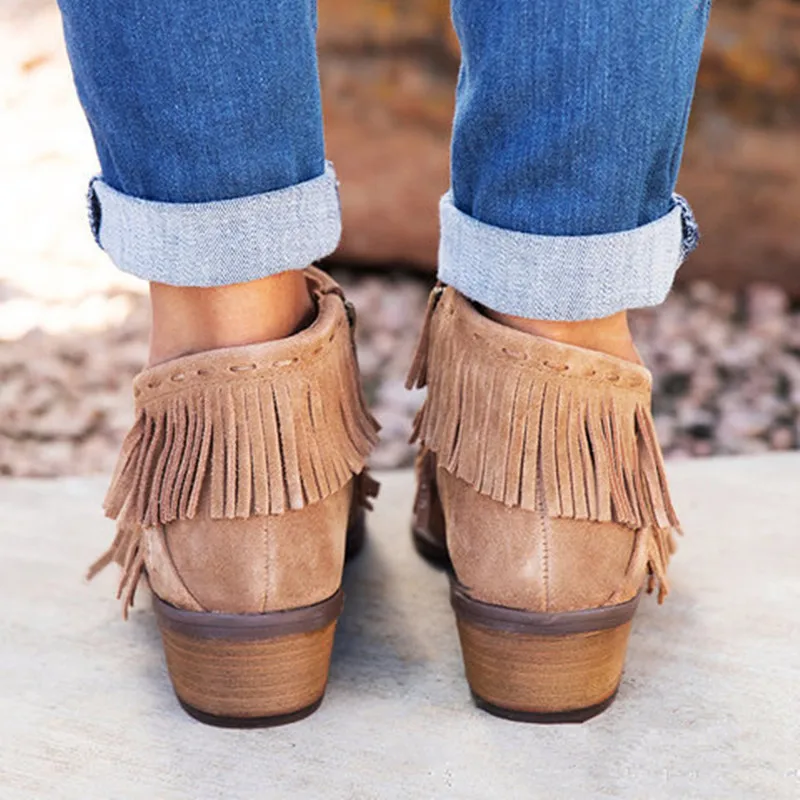Houlife Fashion Solid Color Suede Autumn Women Shorts Boots Tassel Pointed Toe Low Heel Side Zipper Ankle Boots Female Shoes