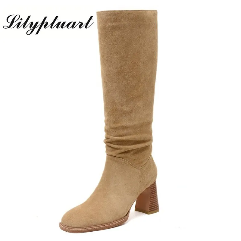 

2020 winter women's knee western boots cow suede material thigh high boots square toe thick high heel women's shoes for women