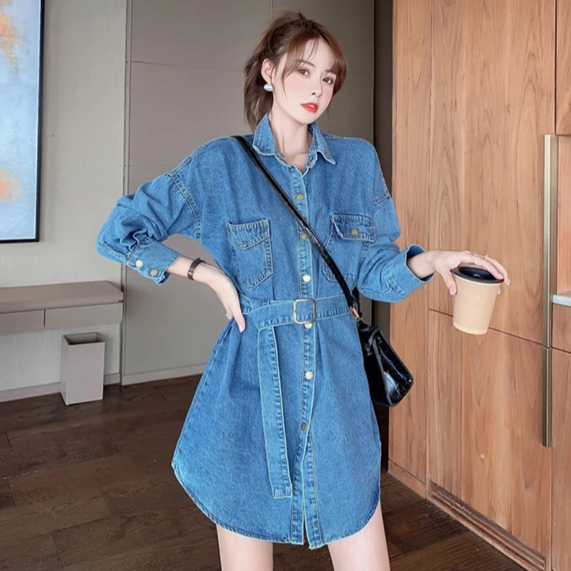 Dress 2021 New Spring Korean Style Loose Mid-Length Polo Collar Top Waist-Controlled Lace-up Denim Shirt Jacket | Женская одежда