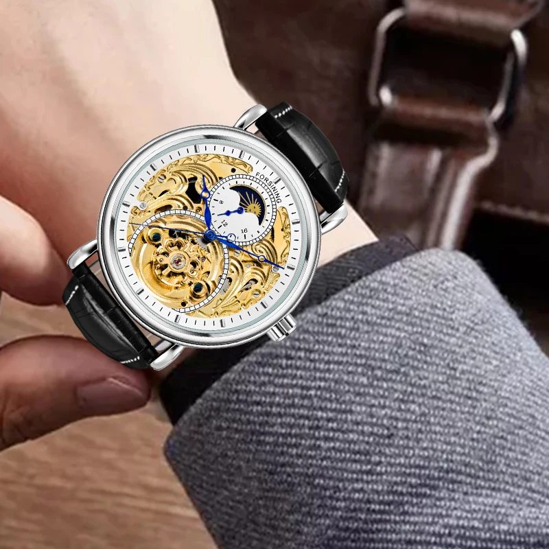 FORSINING роскошный белый золотой дисплей черный натуральная кожа Moonphase модные синие руки водонепроницаемые мужские механические часы