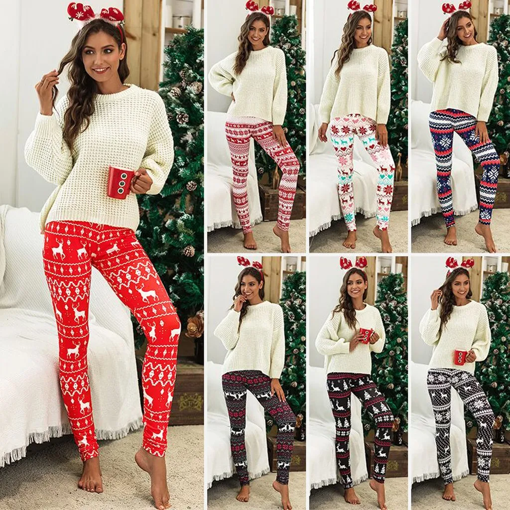 Christmas Women Leggings High Waist Print Elk Snowflake Ankle Length Fitness Leggings Workout Sports Elastic Silm Jeggings#E