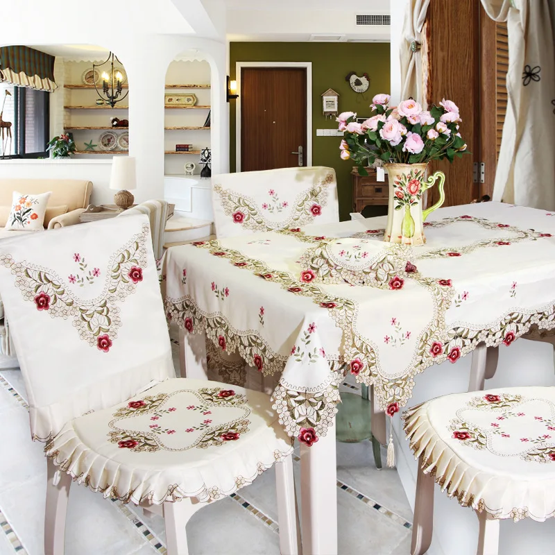 

Elegant Floral Embroidered Tablecloth Haute Pastoral Polyester Fabric Table Cloth Available High Quality Table Cover Hollow Out