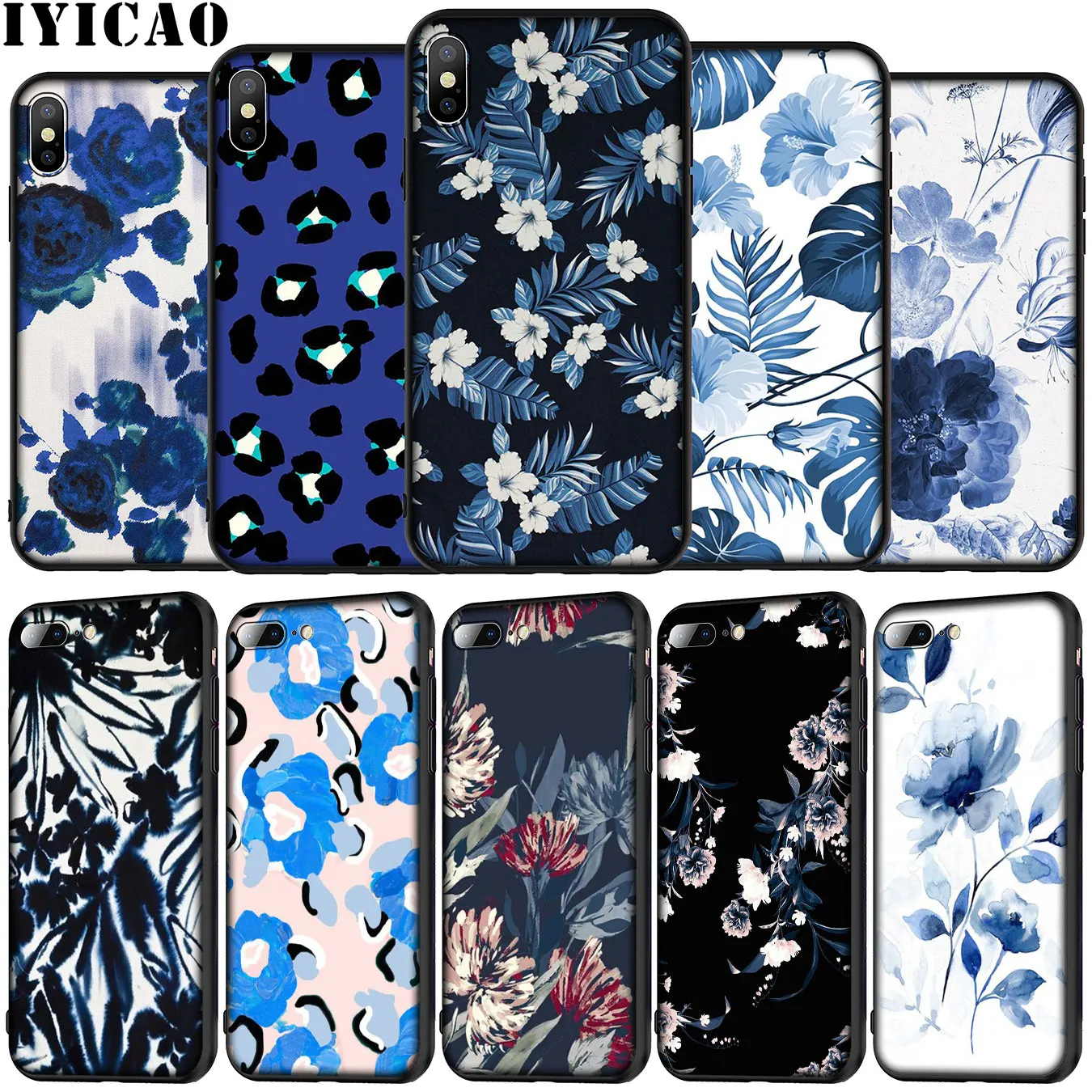 IYICAO blue fiower Soft Silicone Phone Case for iPhone 12 Mini XR X XS 11 Pro Max 5 5S SE 6 6S 7 8 Plus Black TPU Cover | Мобильные