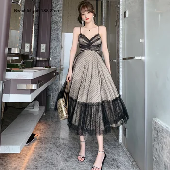 

Summer dress 2020 Summer new sexy pleated polka dot tulle mid-length dress