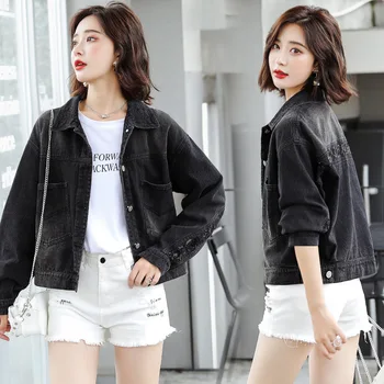 

Jeans Coat Female Short Spring and Autumn 2020 Workwear Large Pocket Jacket Loose BF Tops Short Short-height Black and White wit