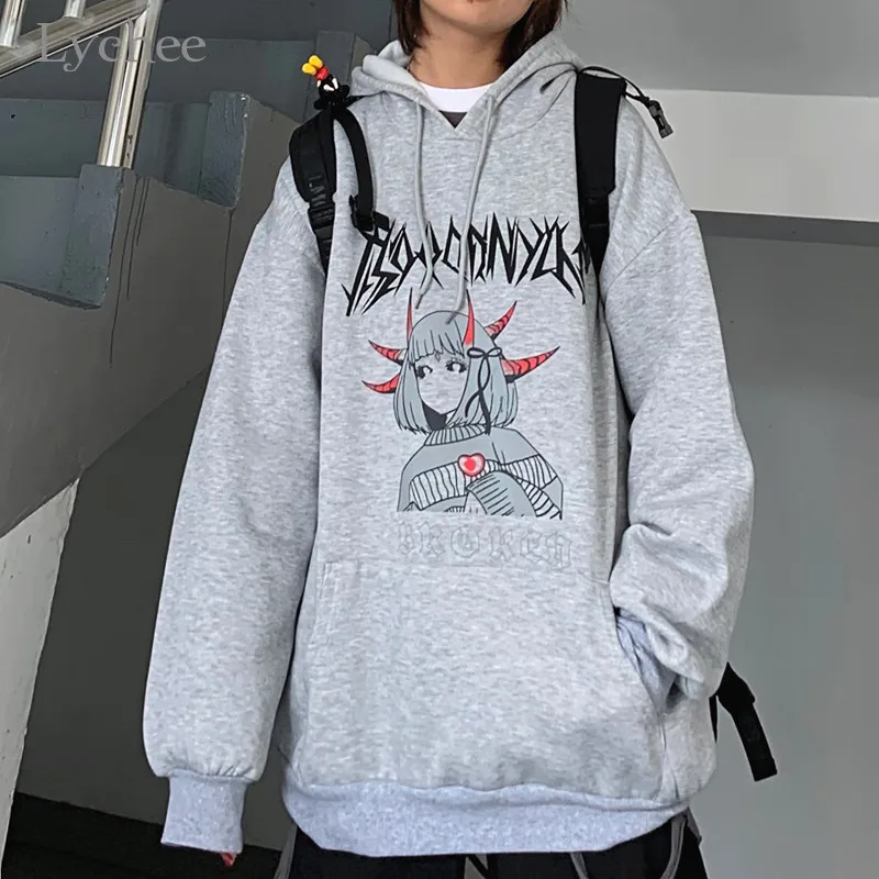 Lychee Harajuku темно дьявол Девушка Письмо для женщин с капюшоном флисовые толстовки осень леди флис Топ карман свободные женские флисовые толстовки