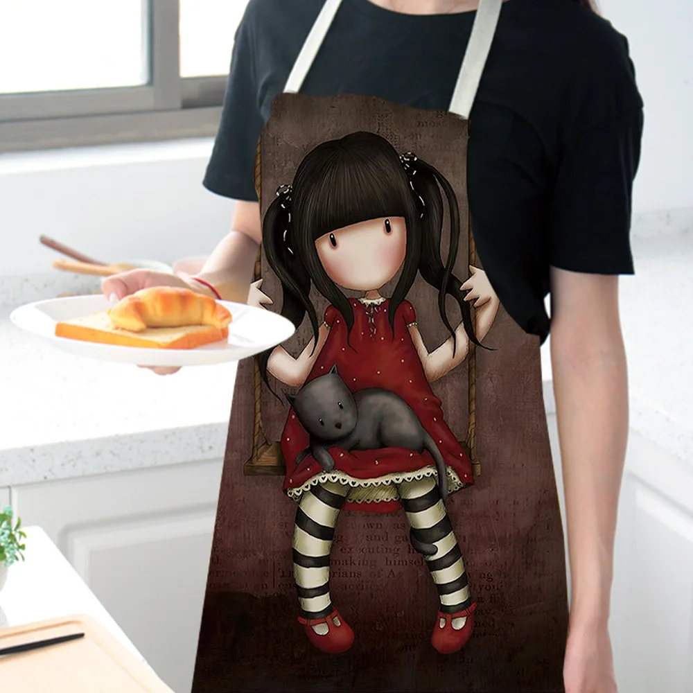 Little Girls Aprons Cotton Linen Lovely Girl Printed Kitchen Aprons for Women Home Cooking Baking Waist Bib Pinafore