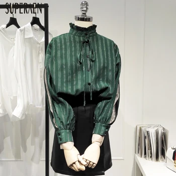 

SuperAen Fashion Stand Collar Shirt Female Long Sleeve 2020 Spring New Ladies Blouses and Tops Chiffon Stripes Women Clothing