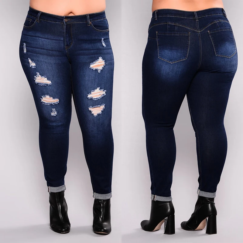 

New Summer Denim Women Plus SizeXXL-7XL Jean Ripped Hole Stretch Skinny Slim Denim Jeans High Waist Trousers