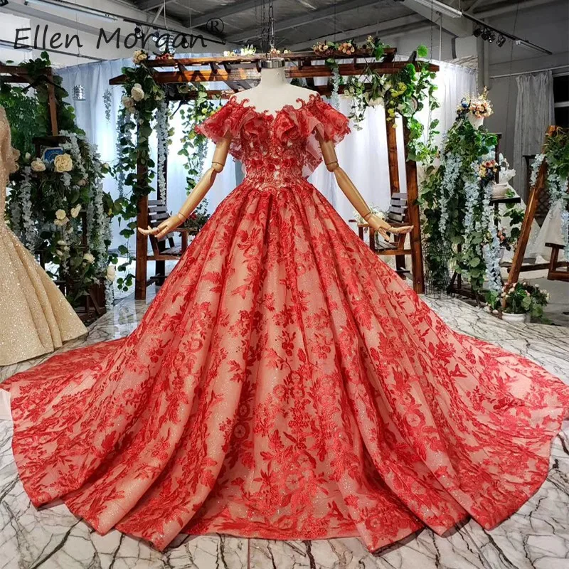 

Saudi Arabian Red Lace Eevning Dresses For Women Muslin Vintage 2019 Boat Neck Backless Ruffles Formal Party Prom Ball Gowns