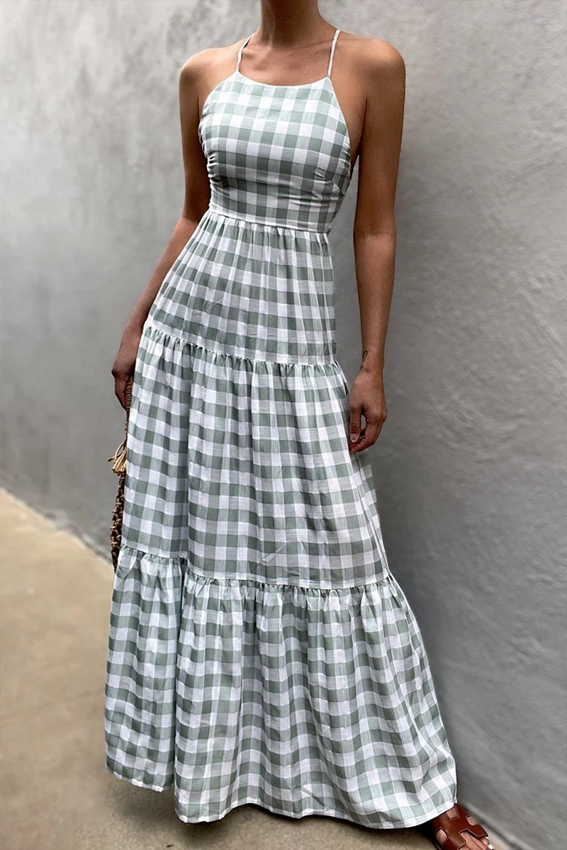 

STYLISH LADY Plaid Printed Long Dress 2021 Autumn Women Spaghetti Strap Backless Bandage Club Party Cotton Linen Holiday Dress