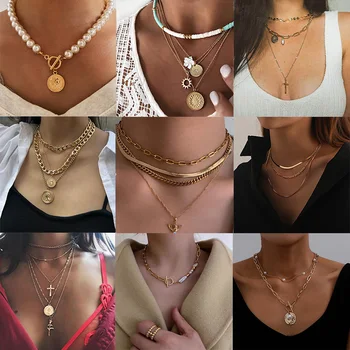 

KSRA Bohomian Coin Thick Snake Chain Necklace Women Boho Chunky Pearl Choker Pendant Necklace Cross Female Jewelry