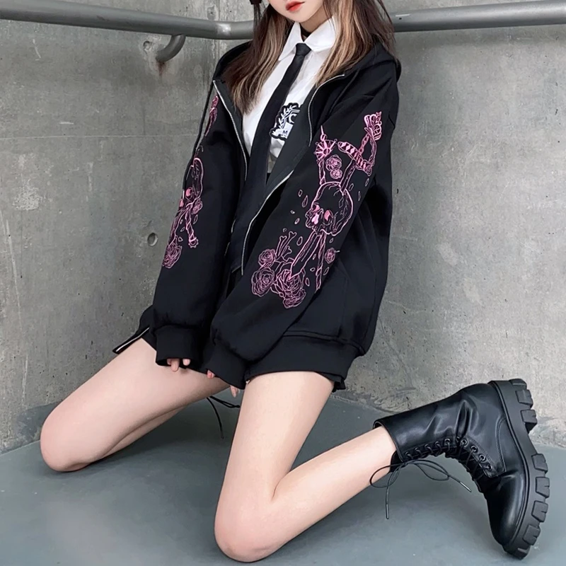 Gran oferta de chaqueta de invierno de las mujeres abrigos Harajuku, estampado con capucha chaqueta con capucha colegial japonés estilo manga larga suelta cremallera abrigo|chaquetas básicas| - AliExpress