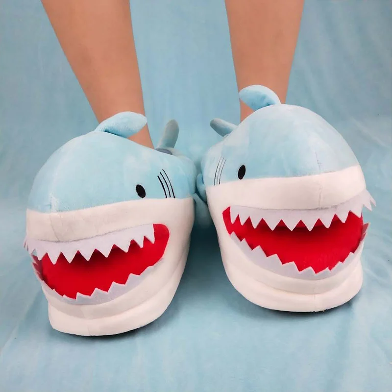 Pink shark furry slides ladies Creativity anime slip on floor slippers loves funny shark slippers winter home shoes women 5