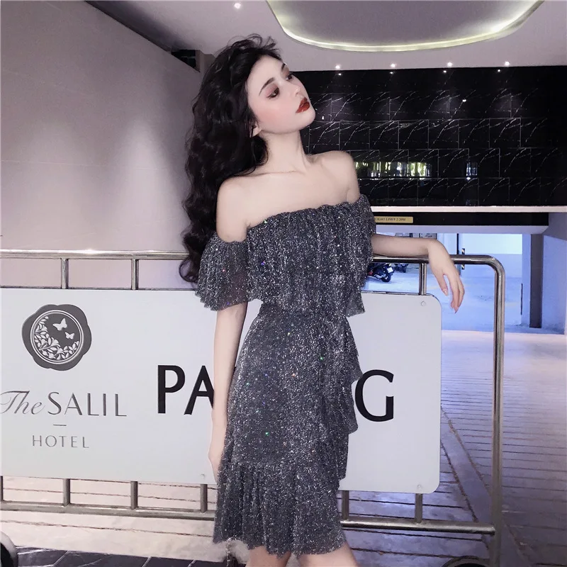 

Dress 2019 Summer New Products Debutante Horizontal Neck Chiffon Cool And Refreshing Asymmetric Skirt