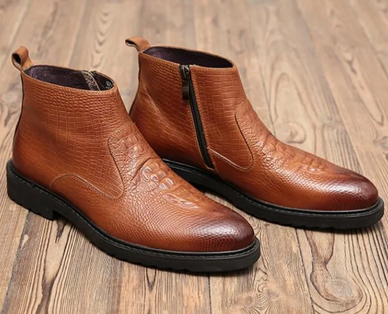Winter Fleece Lining Warm Mens Genuine Leather Chelsea Boots British Pointed Toe Zipper Thick Bottom Male High Top Ankle Boots