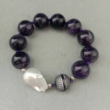 

White Keshi Pearl Bracelet 16mm Round Purple Amethyst Gems Stone Bracelet 8"