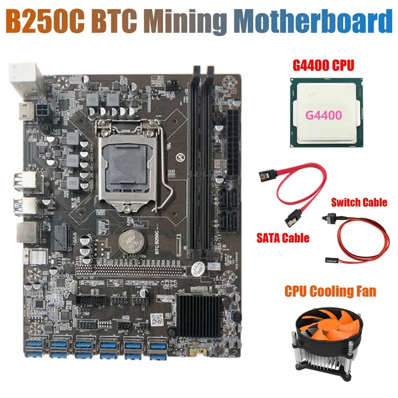 B250C Mining Motherboard with Fan+G4400 CPU+Switch Cable+SATA Cable 12 PCIE to USB3.0 GPU Slot LGA1151 Support DDR4 RAM | Компьютеры и