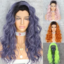 Lvcheryl короткие синтетические передние парики на кружеве темные корни Омбре синий термостойкие натуральные волнистые волосы Свободные пробор парики для женщин