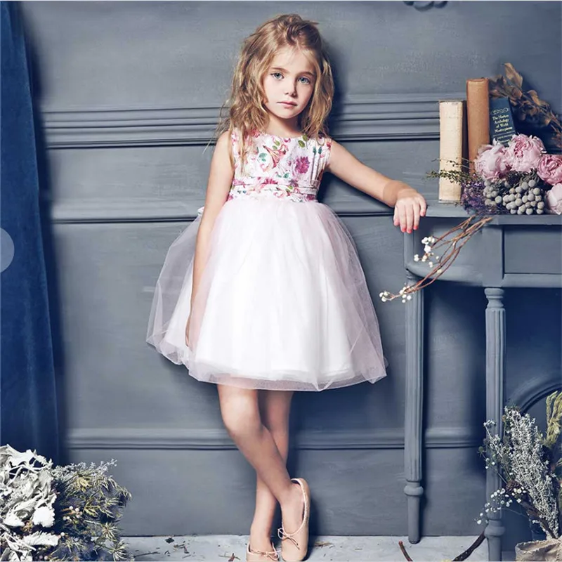 Детское платье для девочки с цветочным принтом Пышное Платье для принцессы праздничное вечернее платье без рукавов, из тюля, платье-пачка