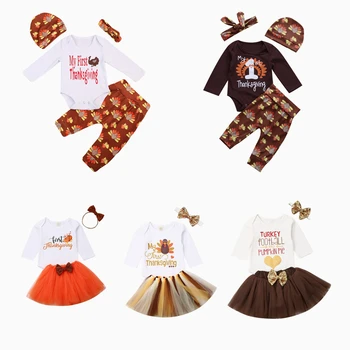 

2020 Toddler Infant Baby Boy Girl Thanksgiving Clothes Set Autumn Fall Long Sleeve Bodysuit Pants Hat Outfits Clothing