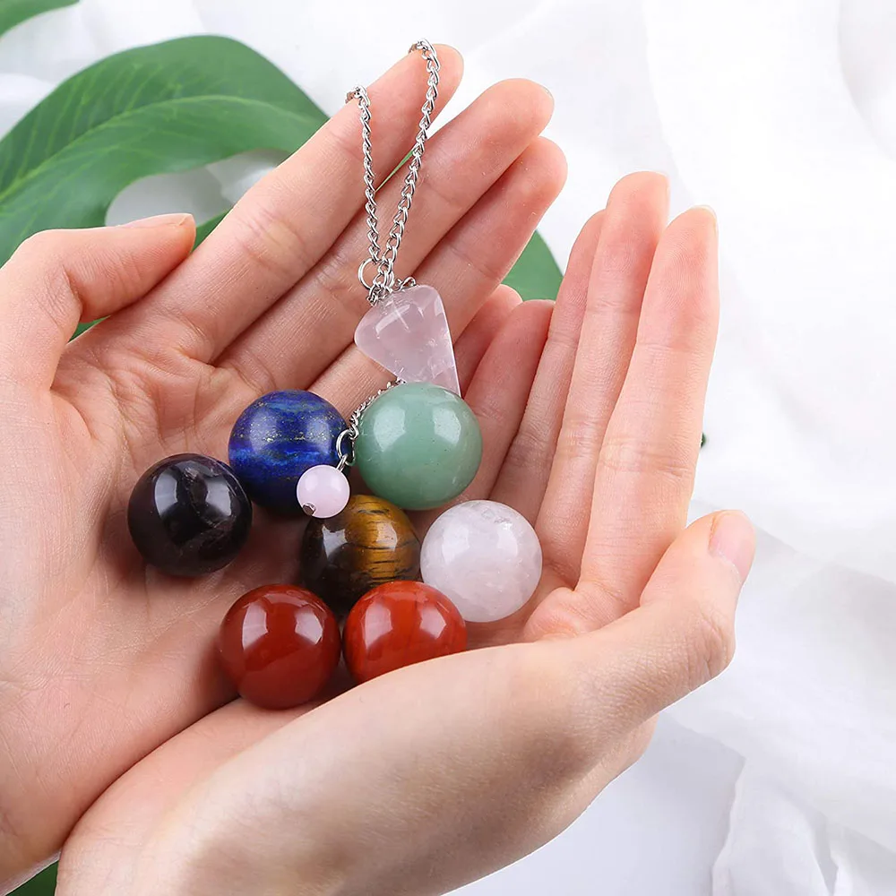 

7 Chakra Crystal Ball Sphere Set Natural Crystals Tumbled Chakra Stones with Rose Quartz Pendulum for Reiki Healing Meditation