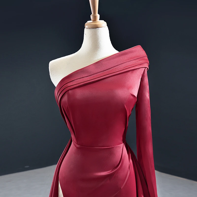J67144 Elegant And Noble Satin Flavor Wine Red Side Split Party Gowns Evening Dress 2020 A-Line One-Shoulder платье вечернее 4