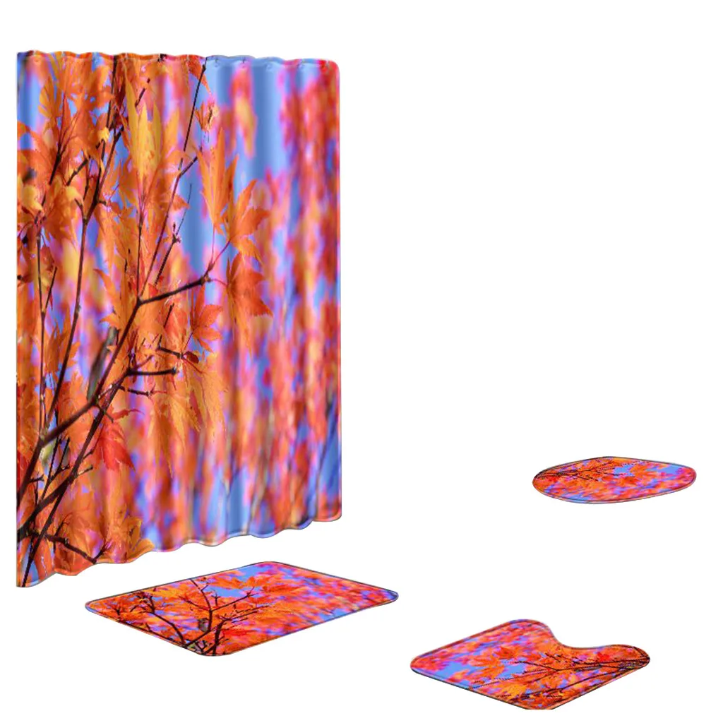 

4PCS Spring Beautiful Scenery Non Slip Toilet Polyester Cover Mat Set Bathroom Accessories Shower Curtain Bath Mat Rug Set